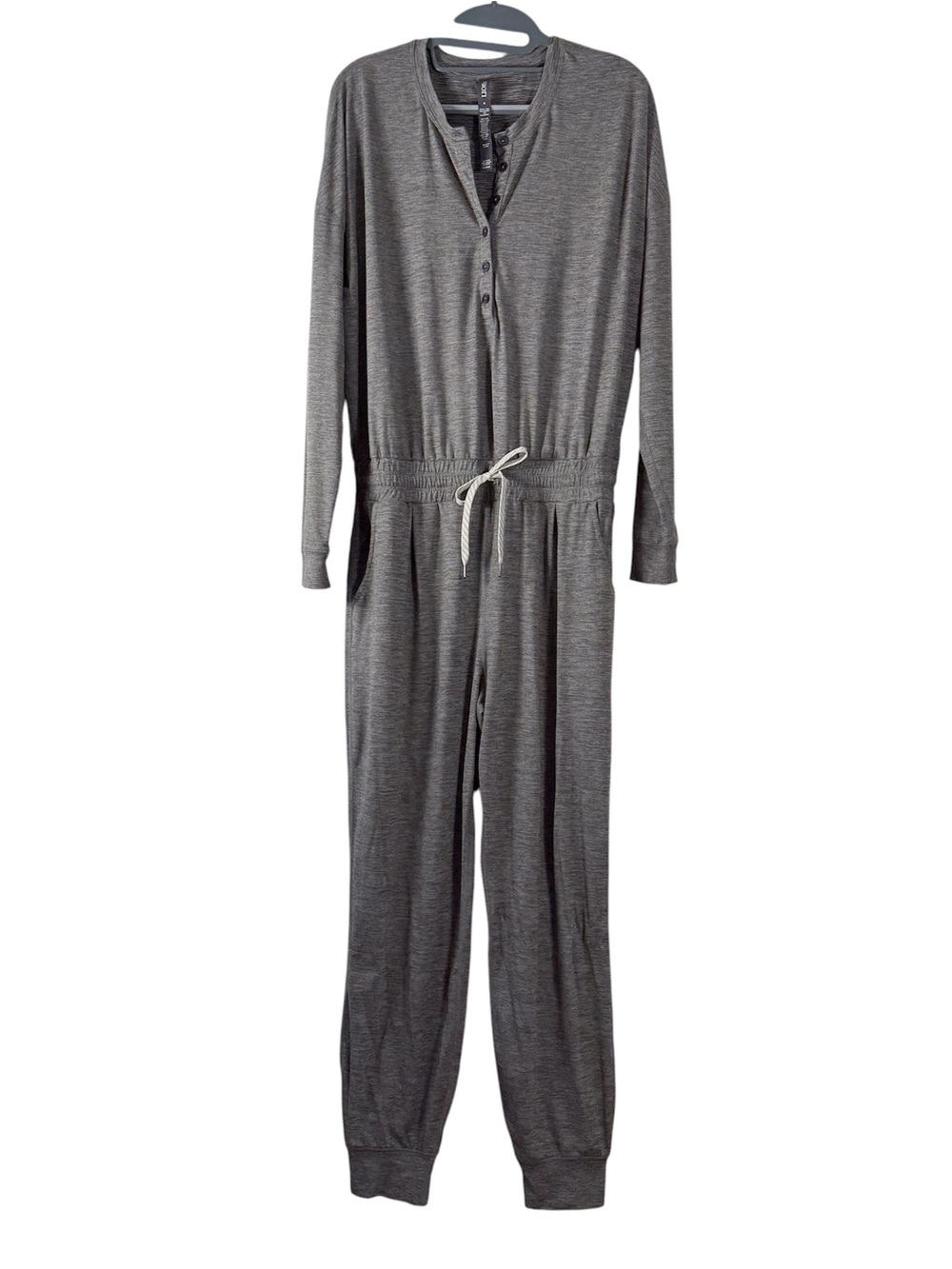 Vuori Women’s Gray Long-Sleeve Drawstring Waist Performance Jumpsuit Pockets